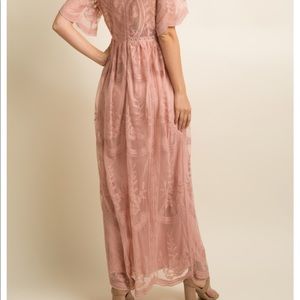 Light pink lace mesh overlay maxi dress
